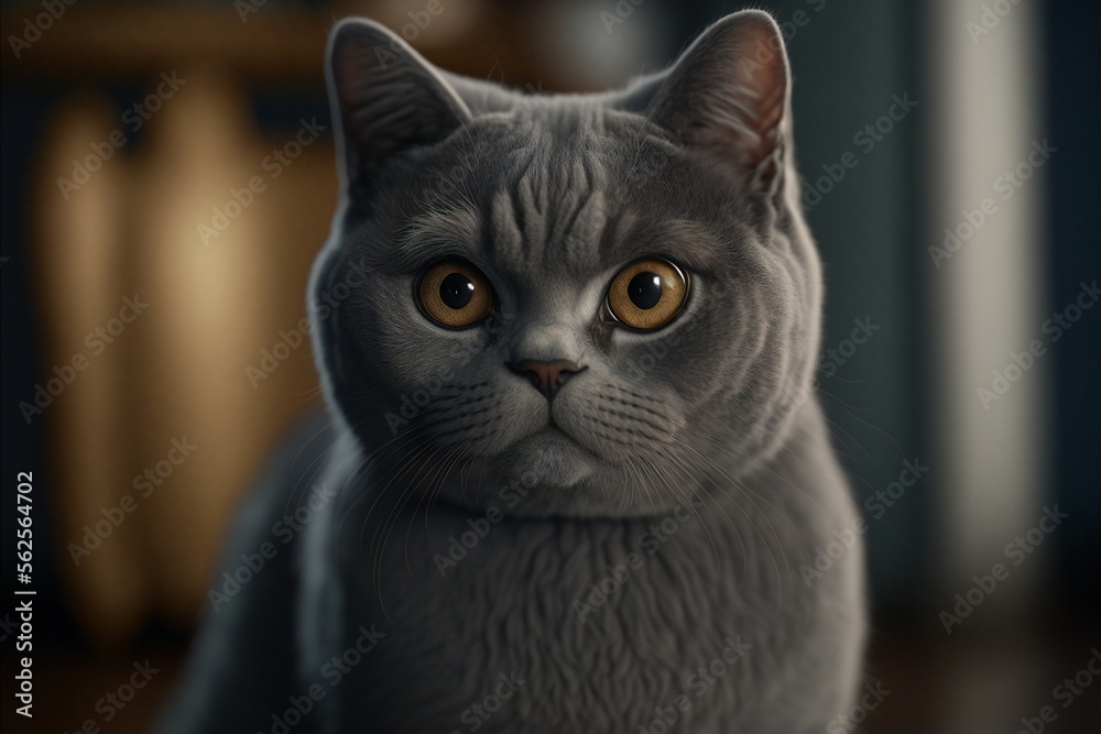 British Shorthair is the pedigreed version of the traditional British domestic cat, with a distinctively stocky body, dense coat, and broad face. Created with generative AI technology. High quality