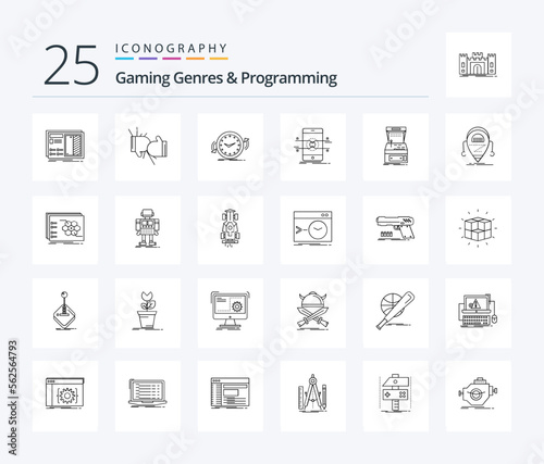 Gaming Genres And Programming 25 Line icon pack including mobile. api. fight. time. clockwise