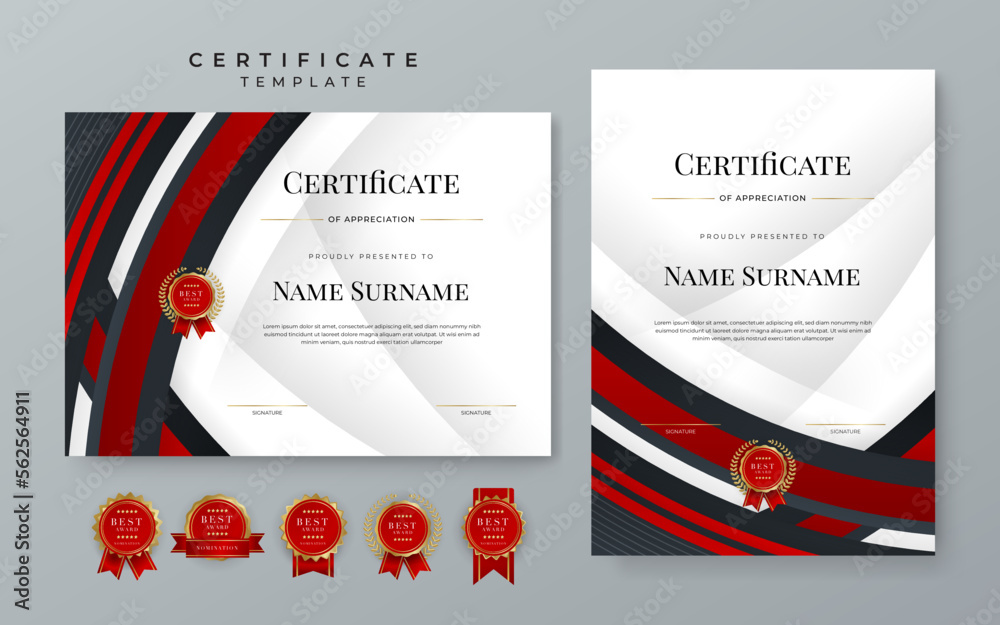Modern red and black certificate of achievement template with gold ...
