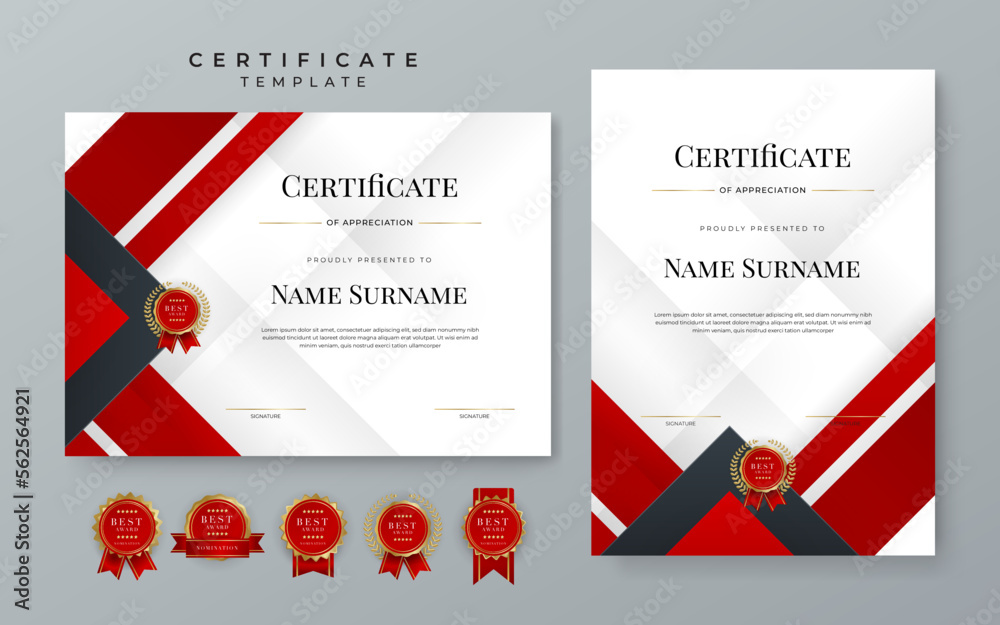 Modern red and black certificate of achievement template with gold ...