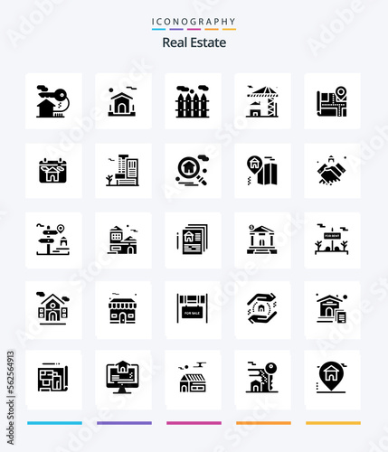 Creative Real Estate 25 Glyph Solid Black icon pack Such As building. real. real. crane. real estate