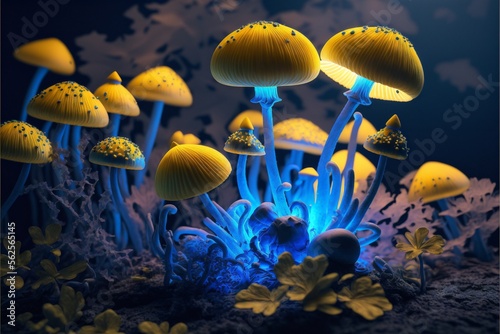 Blue and yellow glowing mushrooms in the dark created with generative AI technology. High quality illustration