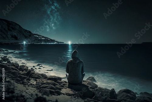 illustration, man at night sitting on a stone in front of the sea, image generated by AI