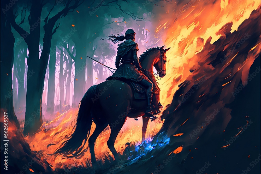 Woman warrior riding in a forest, fire, smoke