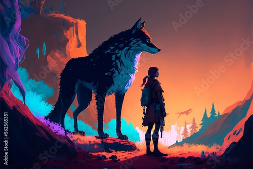 Beautiful female character with a wolf in the forest