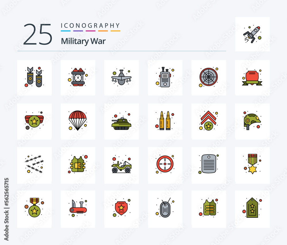 Military War 25 Line Filled icon pack including radar. walkie. aircraft. talkie. communication