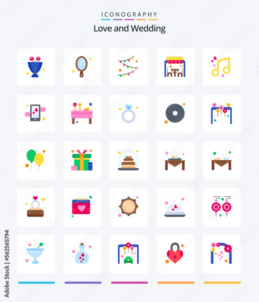 Creative Wedding 25 Flat icon pack  Such As celebrate. music. garland. lunch dinner. love