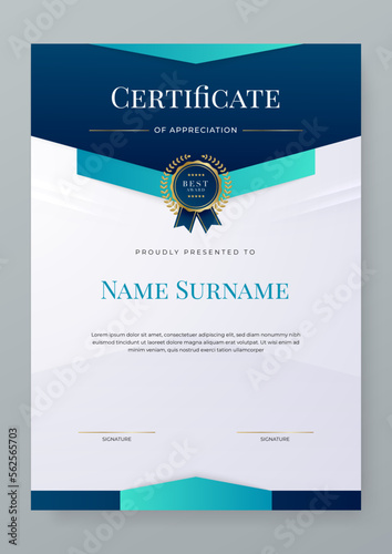 Modern blue certificate of achievement template with gold badge and border in A4 portrait orientation