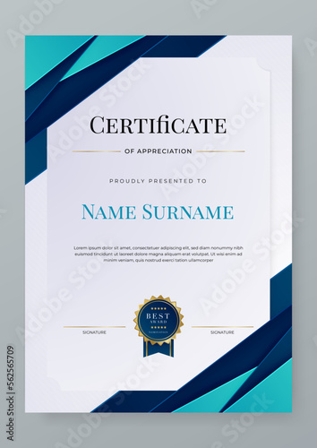 Modern blue certificate of achievement template with gold badge and border in A4 portrait orientation
