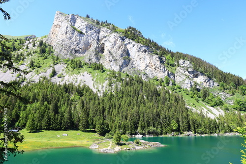 View of a valley on the town of Vouvry in the canton of Valais in Switzerland photo