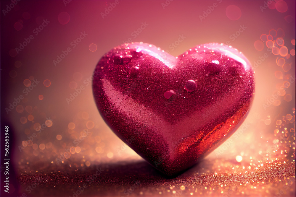 Fototapeta premium Beautiful heart on pink glitter in shiny bokeh background. Generative ai illustration