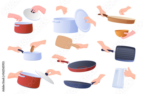Food cooking kitchen accessories holding by man woman hand set isometric vector illustration