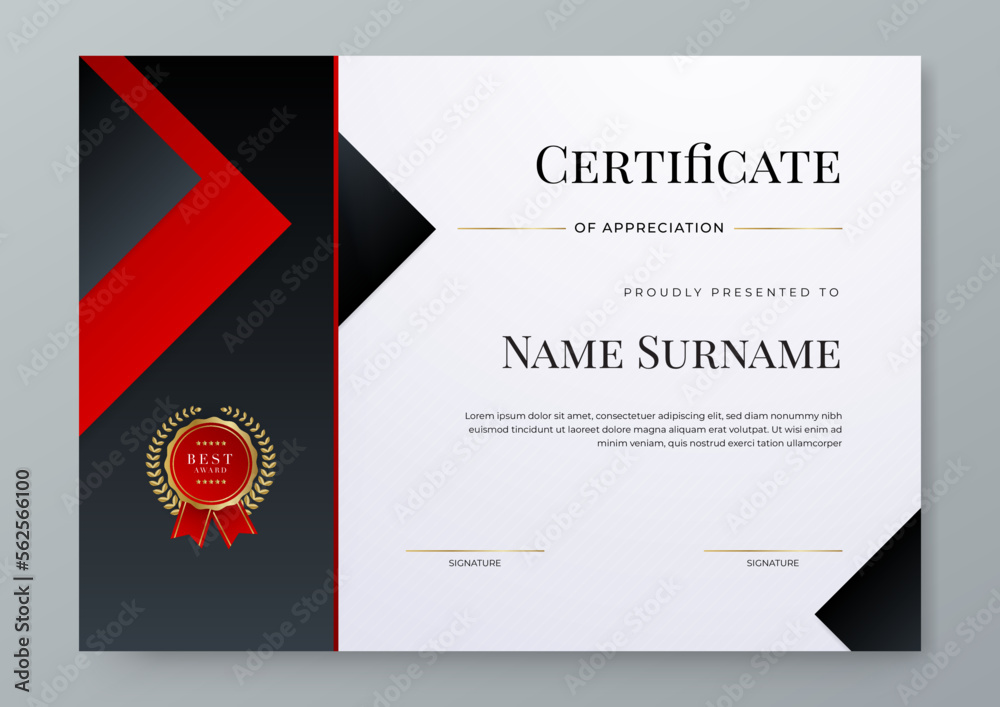 Modern premium award abstract black and red certificate design template