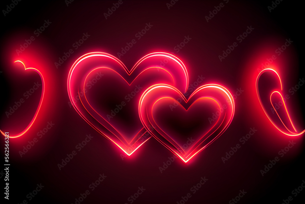 Two neon red hearts background. Valentine's day romantic generative AI illustration