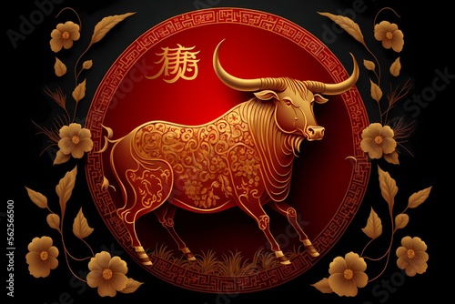 ﻿A red and gold sign with a bull and flowers - Generative AI © Etverk Illustration