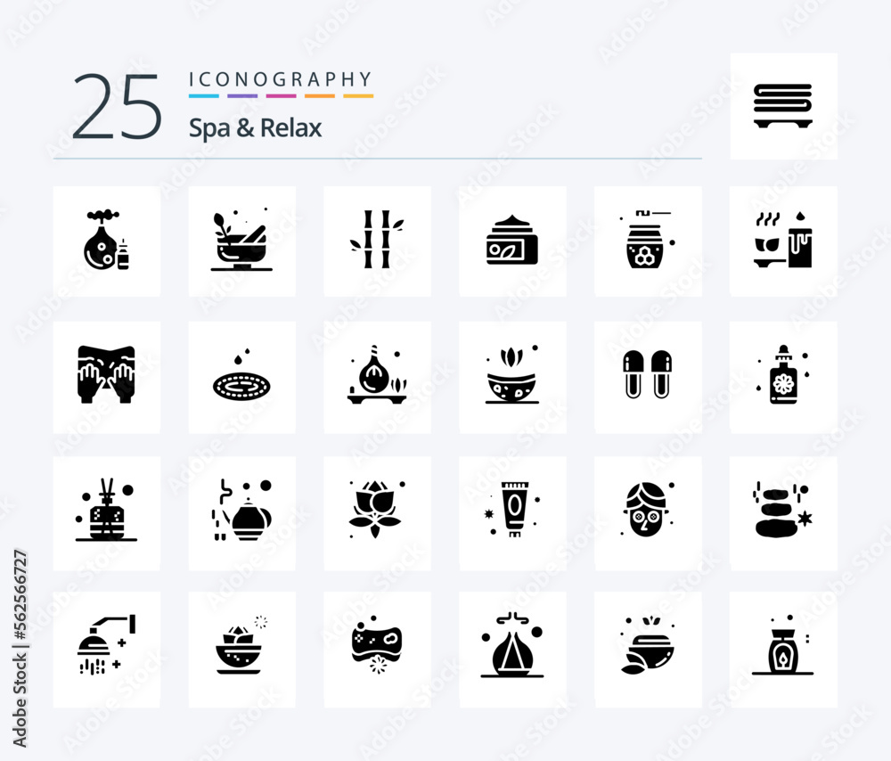 Spa And Relax 25 Solid Glyph icon pack including cream . natural. bowl . leaves . forest