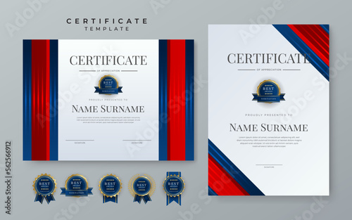 Modern certificate template with luxury pattern, diploma. Vector illustration and vector Luxury premium badges design. Set of red and blue vintage badges and labels.