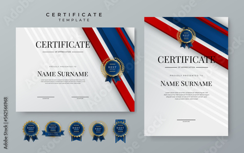 Modern certificate template with luxury pattern, diploma. Vector illustration and vector Luxury premium badges design. Set of red and blue vintage badges and labels.