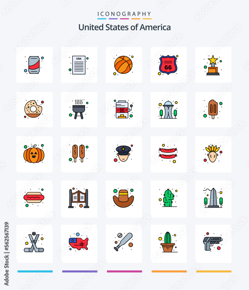Creative Usa 25 Line FIlled icon pack  Such As trophy. achievement. ball. american. shield