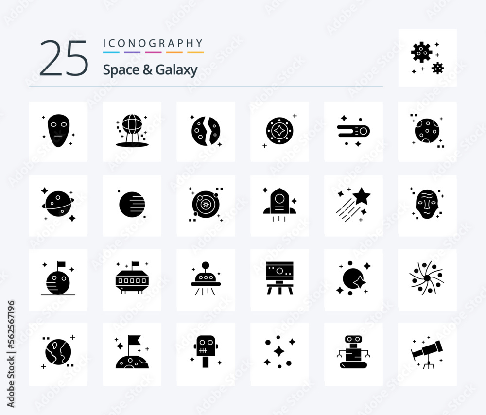 Space And Galaxy 25 Solid Glyph icon pack including universe. space. destroyed. shine. cosmos
