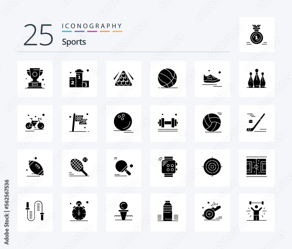 Sports 25 Solid Glyph icon pack including play. ball. won. play. sport