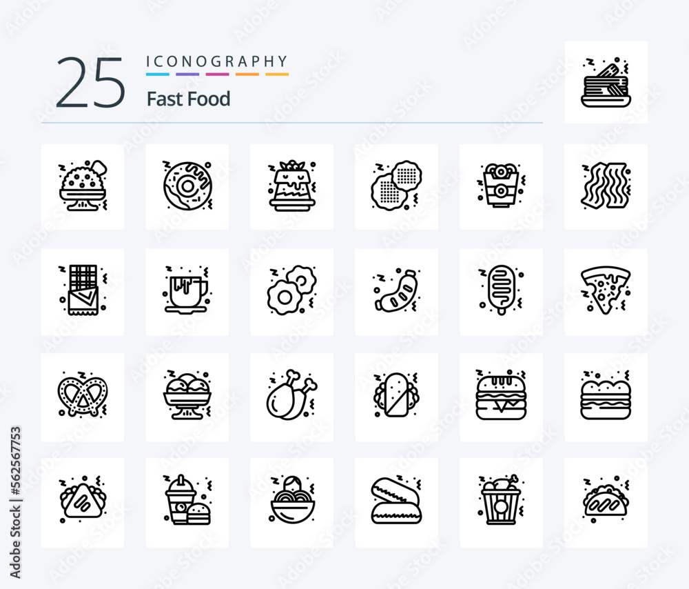 Fast Food 25 Line icon pack including churro. food. biscuit. bacon. fast food