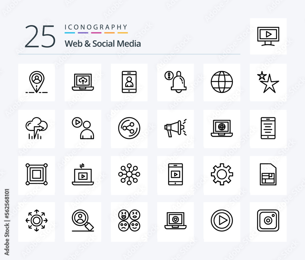 Web And Social Media 25 Line icon pack including world . bell. alert .