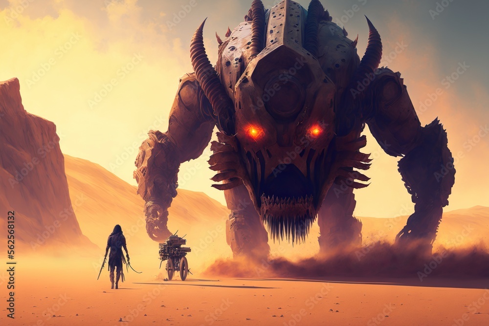 Apocalypse Warrior A Digital Painting Masterpiece of a Battle in the Desert Generative AI