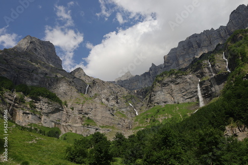 View on waterfalls in the Cirque du Fer-  -Cheval which is a natural circus of France located in the territory of the commune of Sixt-Fer-  -Cheval  in the department of Haute-Savoie