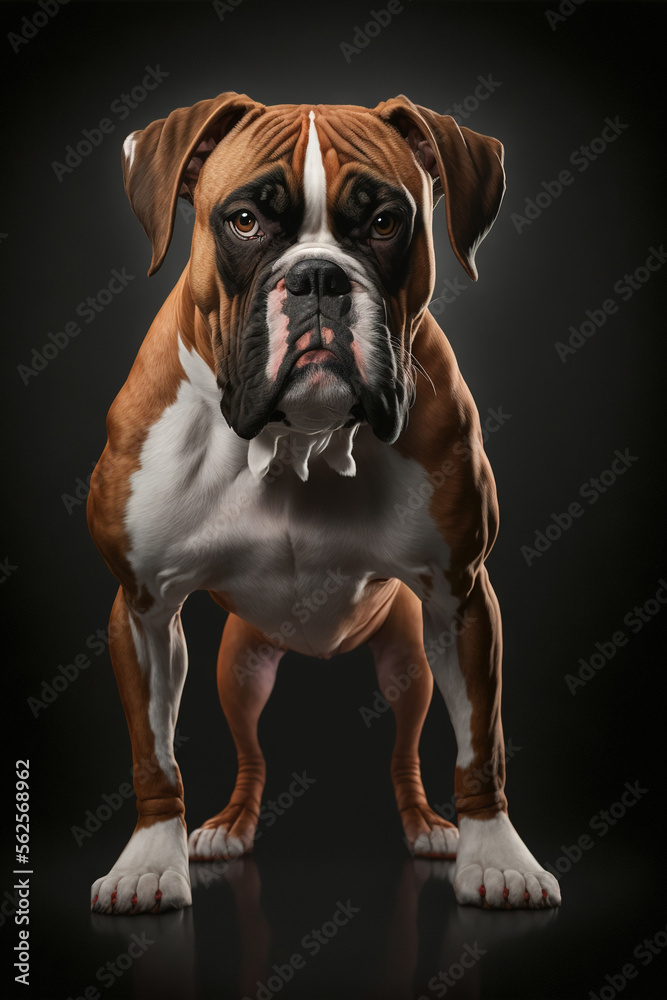 Generative AI image of a purebred boxer dog full body looking at the camera, realistic image with black background
