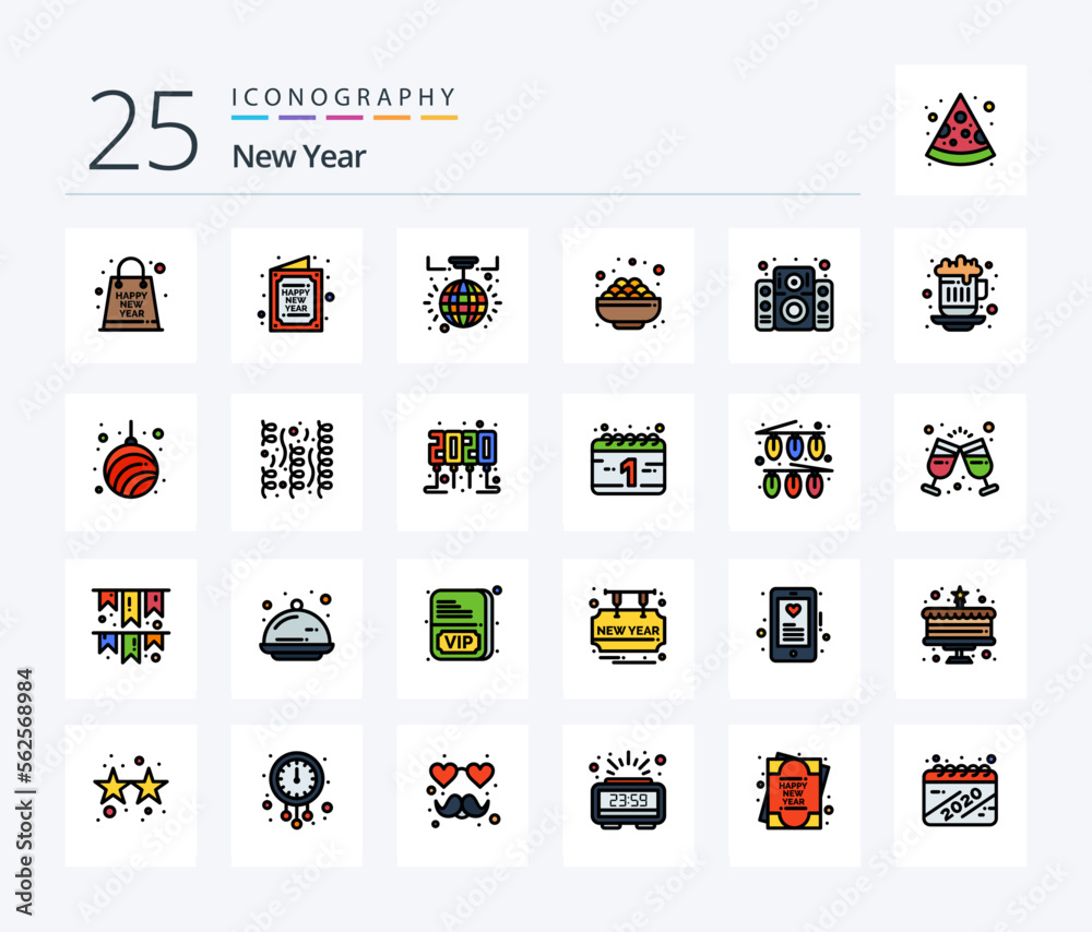 New Year 25 Line Filled icon pack including sweet. grocery. new. bowl. light ball