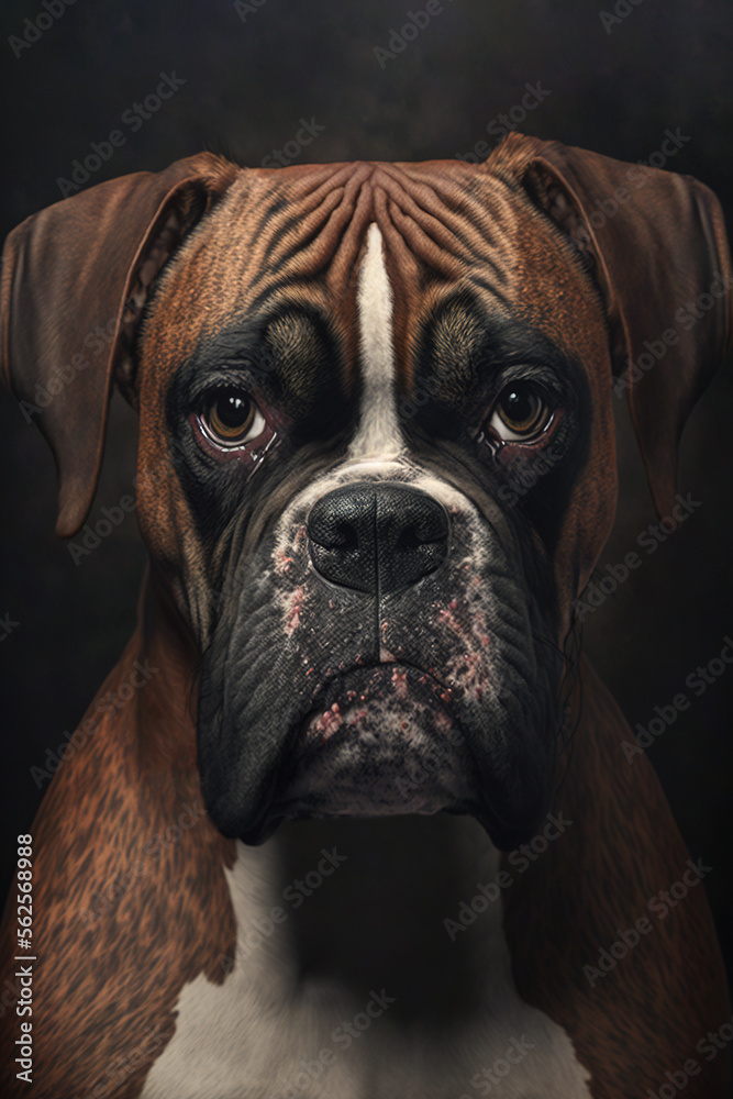 Generative AI perfect illustration of a portrait of a boxer dog, realistic image with black background