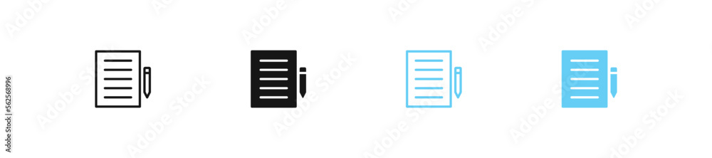 Pen and paper icon. Document symbol. Note and pencil signs. Contract symbols. Office list icons. Black and blue color. Vector sign. Pen and paper icon. Document symbol. Note and pencil signs. Contract symbols. Office list icons. Black and blue color. Vector sign.