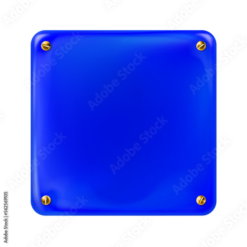 Blue square painted plate with gold screws isolated. png
