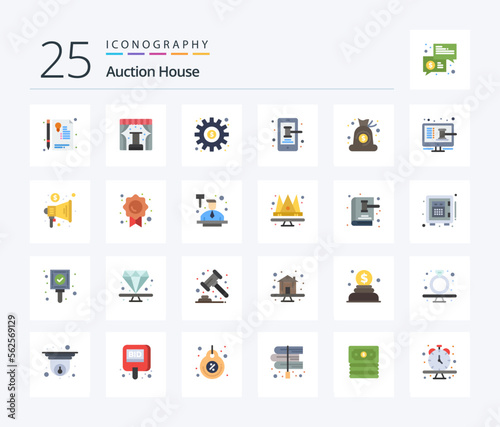 Auction 25 Flat Color icon pack including cash. trade. dollar. smartphone. mobile