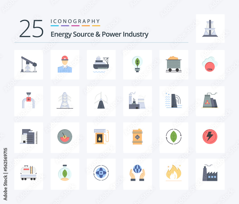 Energy Source And Power Industry 25 Flat Color icon pack including barrow. bulb. ship. power. nature