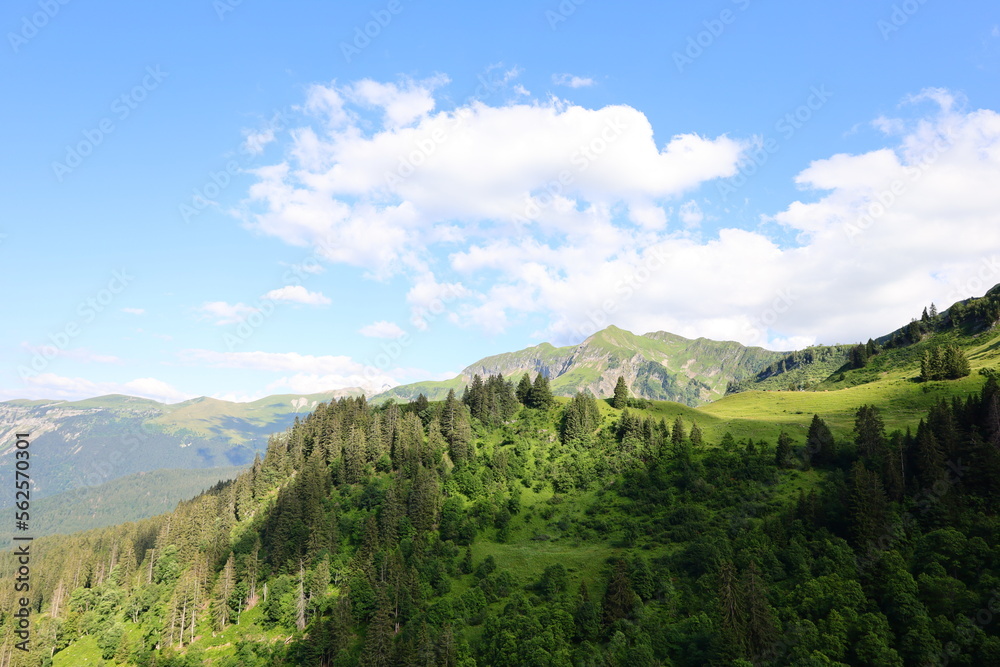 Naklejka premium View from the Col de la Colombière which is a mountain pass in the Alps in the department of Haute-Savoie 