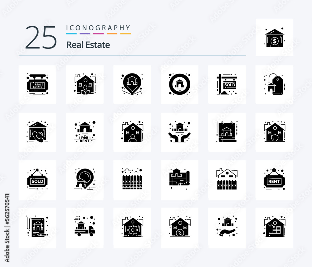 Real Estate 25 Solid Glyph icon pack including sold. house. location. real estate. home