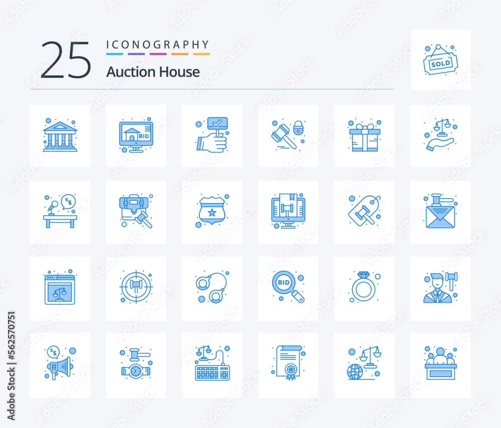 Auction 25 Blue Color icon pack including gift. protection. bid. padlock. law