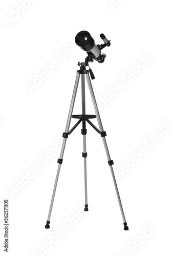 Tripod with modern telescope isolated on white