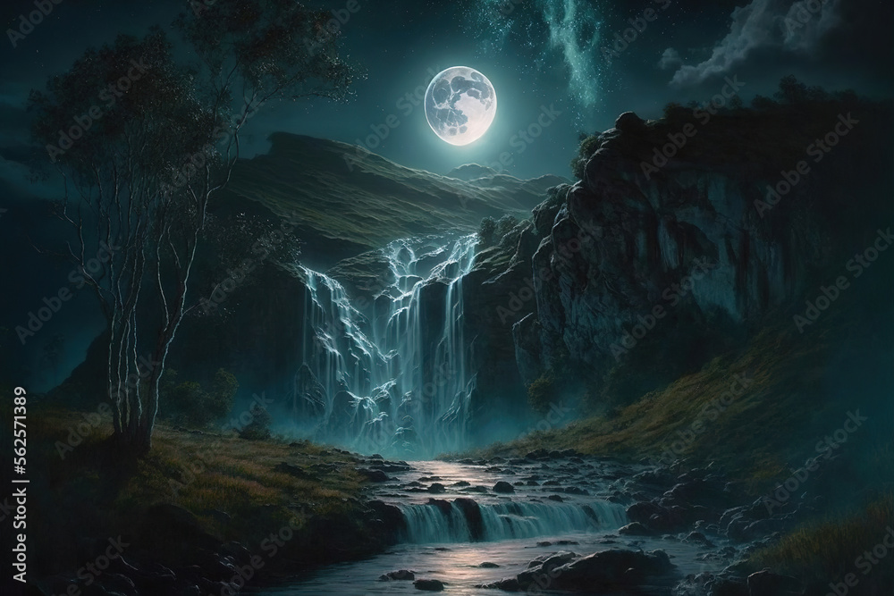 Fototapeta premium waterfall in a moonlit night. Generative AI