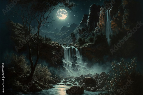 waterfall in a moonlit night. Generative AI
