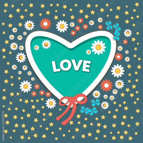 Large decorated heart framed with stylized flowers and stars. In the center is the inscription - love. Card, poster. Vector illustration