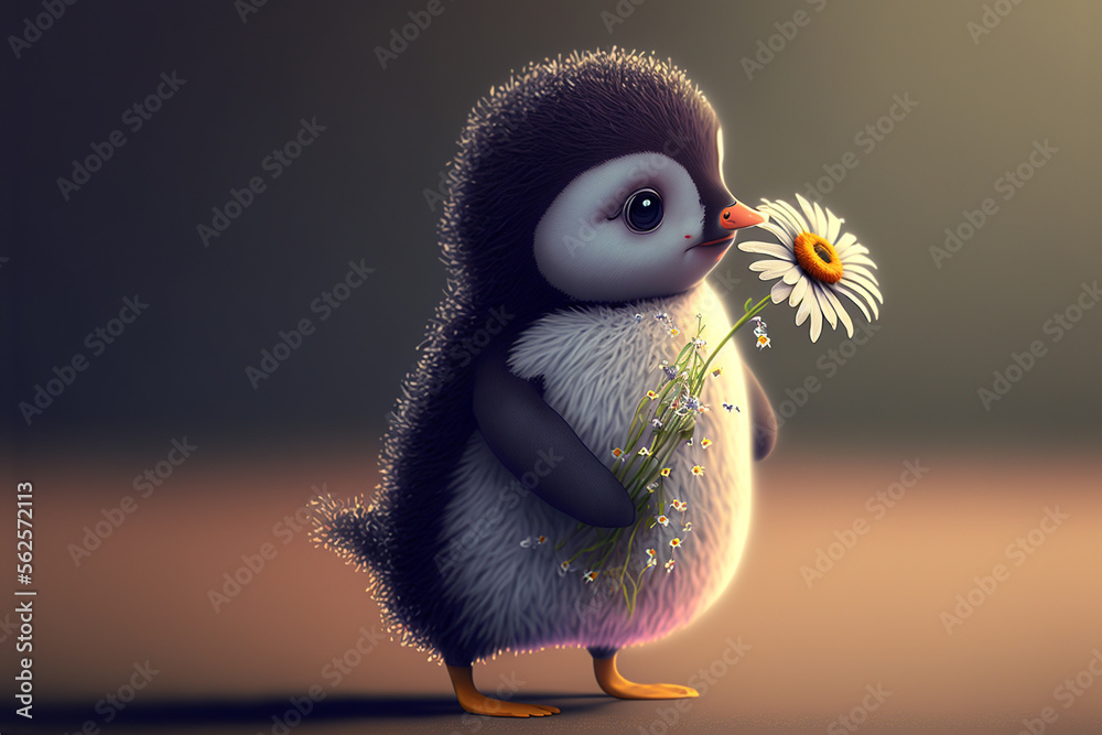 cute penguin holding flower character, AI generate