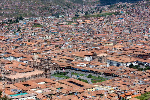 A view of Cusco in Peru highlighting the green space of Plaza de Armas. At an elevation of 11,150 feet (3,400 metres) Cusco sits on the western end of the Huatanay Valley.