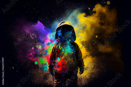 Expressive image of a child in a hoodie, in a dream state or world in an explosion of color, Generative AI