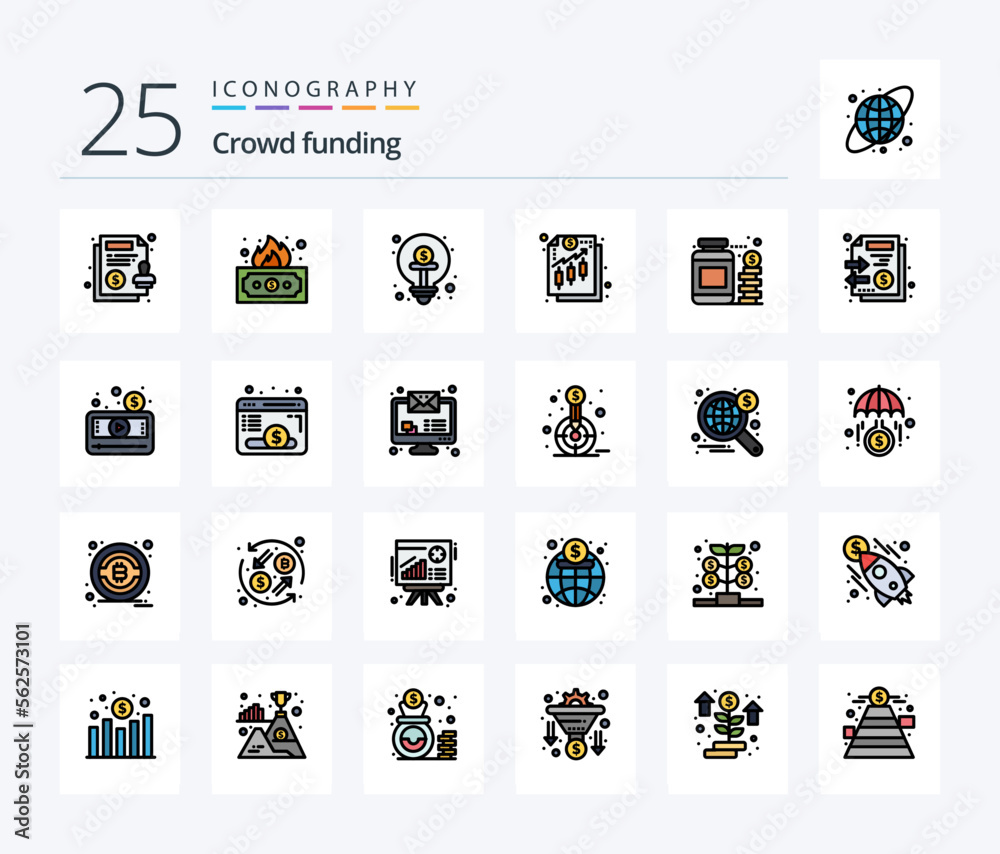 Crowdfunding 25 Line Filled icon pack including currency. income. business. finance. idea