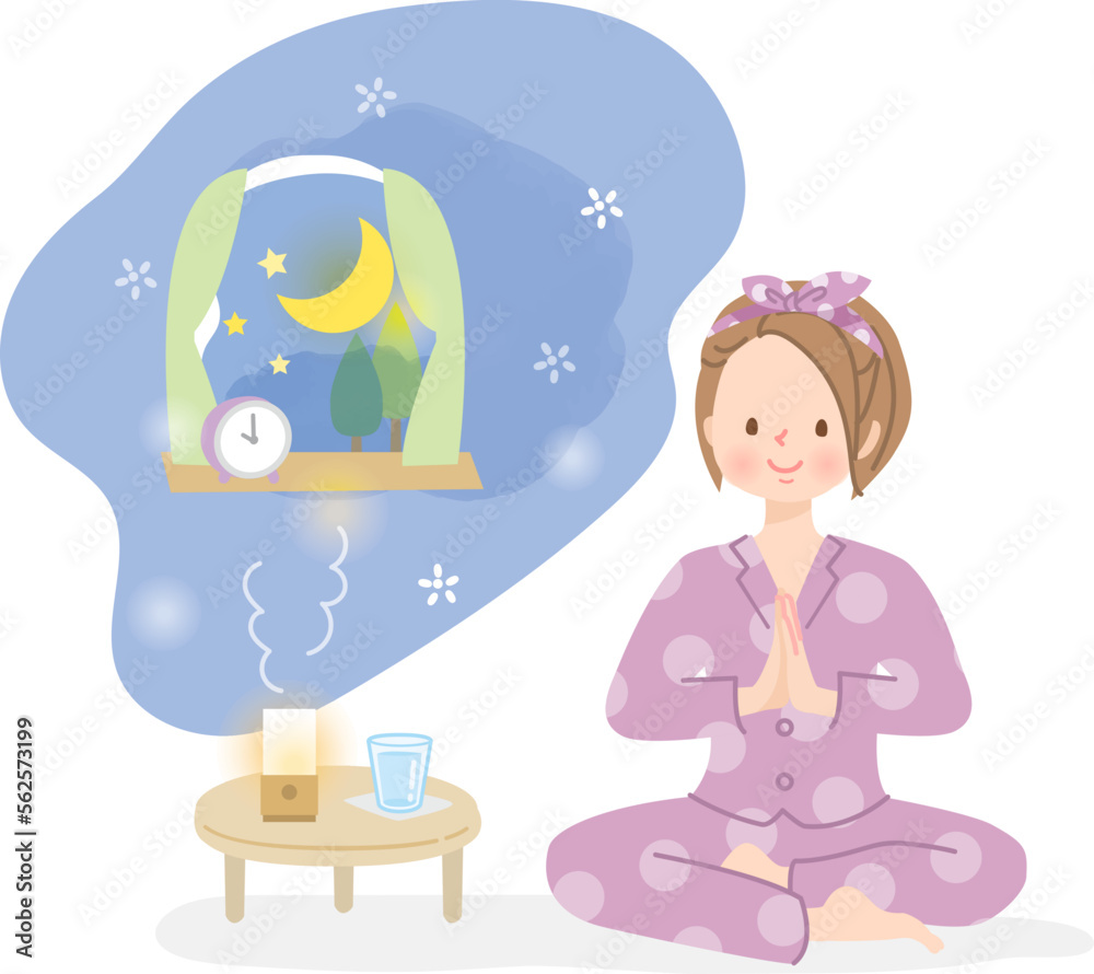 寝る前にヨガをする女性のイラスト素材 寝る前にヨガをする女性のイラスト素材