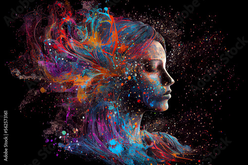 Expressive image of woman with eyes closed in vivid artistic thought and imagination, Generative AI