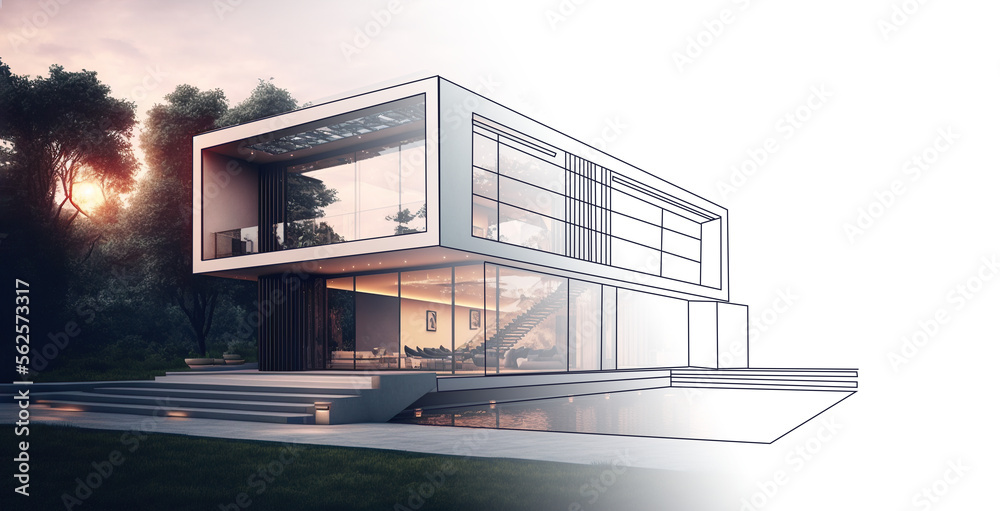Zoom out to reveal green printed design sketch of modern house | ClipStock